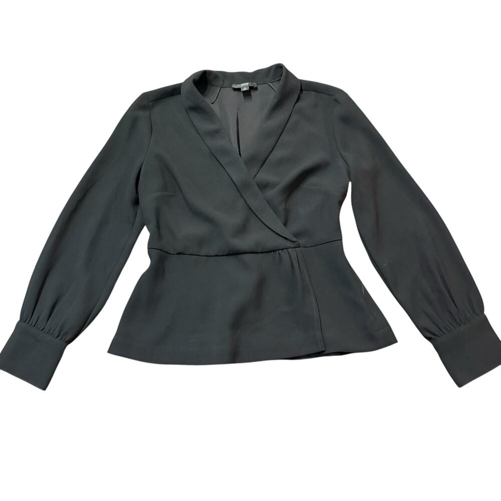 J Crew black faux wrap blouse, covered button cuff Fe, pleat detail, Size 4